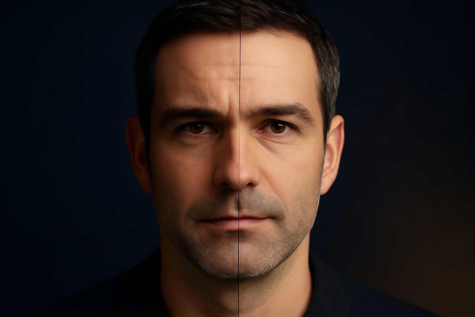 Split face — man before vs after Botox (frown lines relaxed)